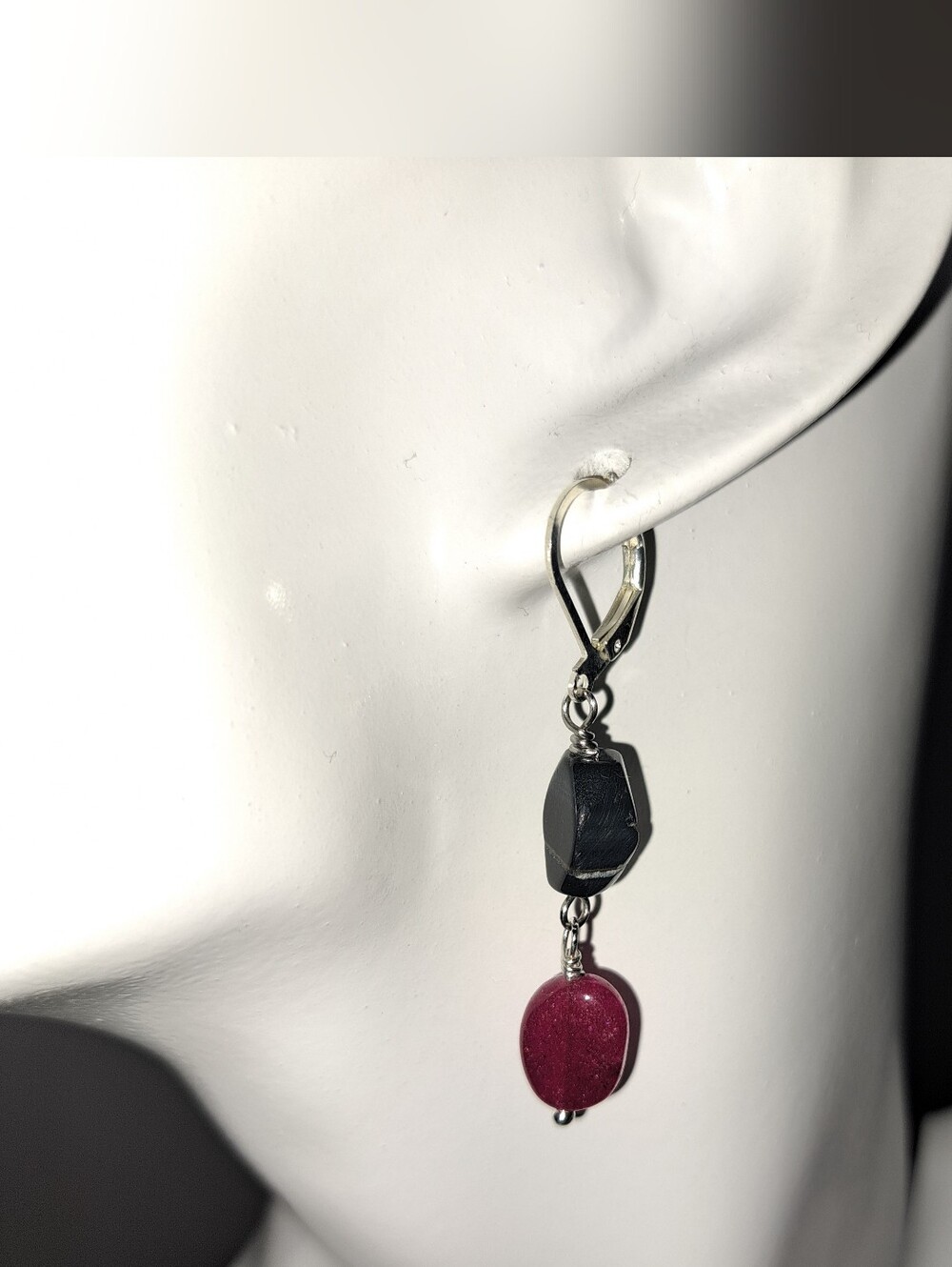 Dainty Red & Black Agate Bead Dangle Earrings, Silver Plated Leverback Ear Hooks
